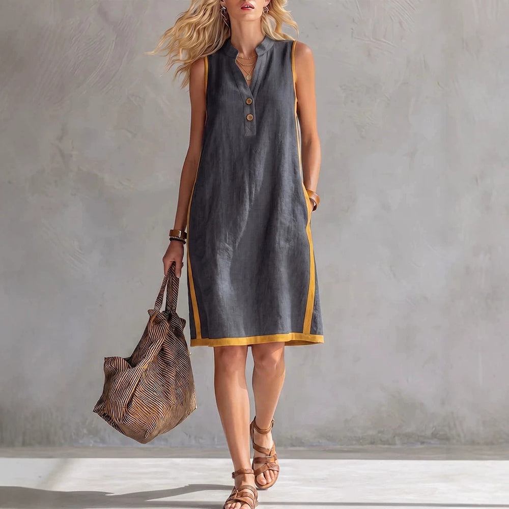 Women's Sleeveless V-Neck Button-Front Pocketed A-Line Midi Dress