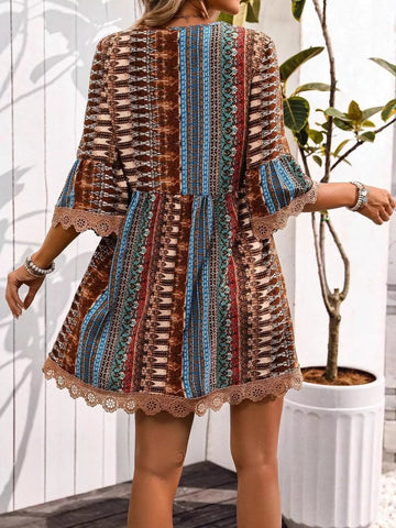 Printed V-Neck A-Line Dress