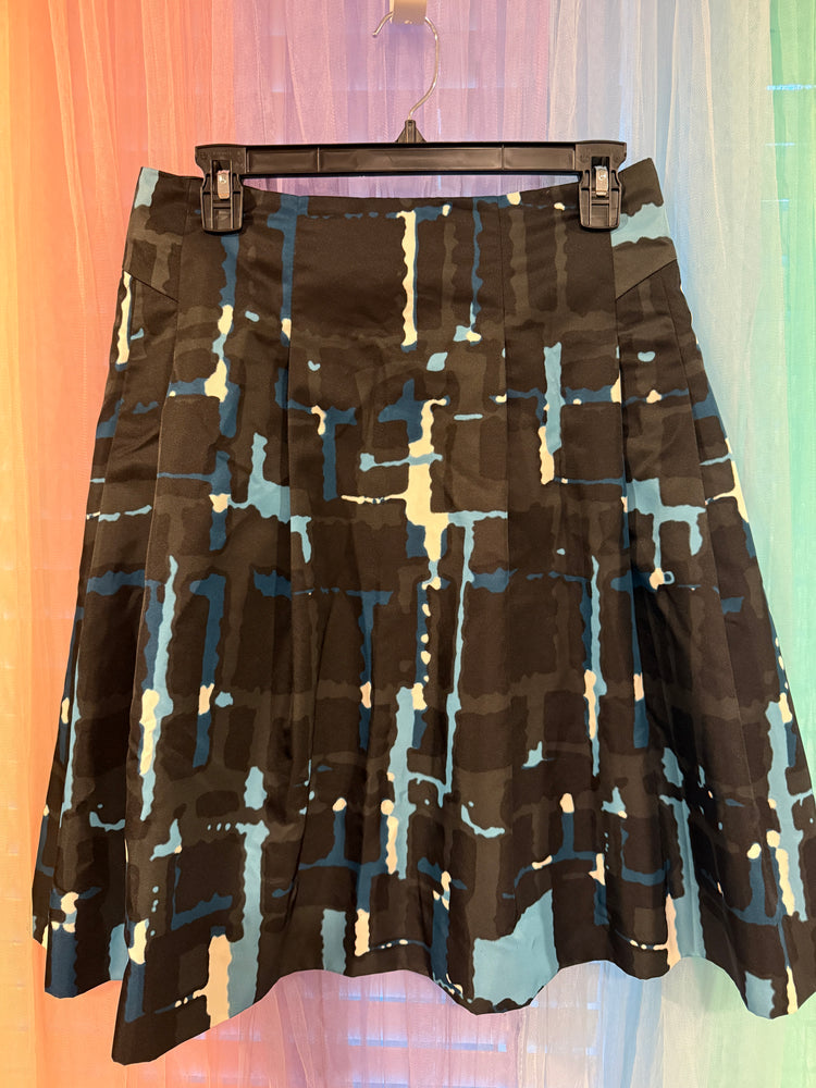 Express Design Studio pleated skirt with blue black charcoal and cream abstract print