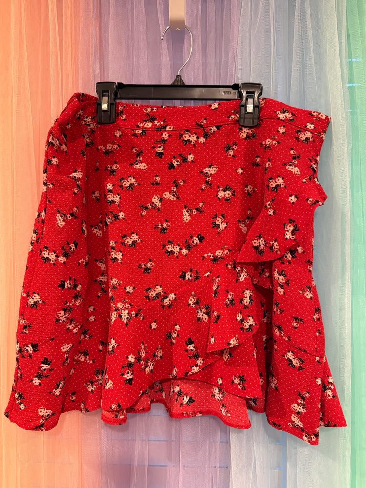Project 28 red floral skirt with wrap-look front and cascading ruffles