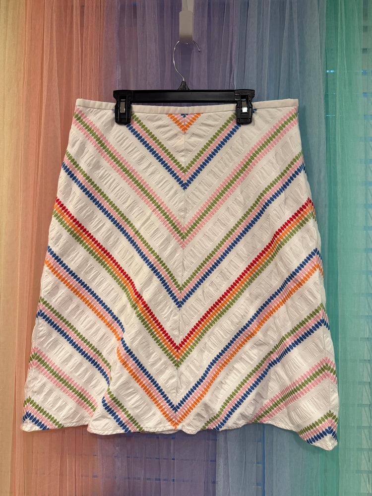 Talbots ivory flared skirt with colorful chevron rows and textured surface
