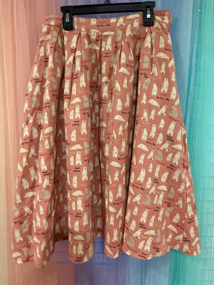 Tulip B dusty pink polar bear holiday print pleated skirt