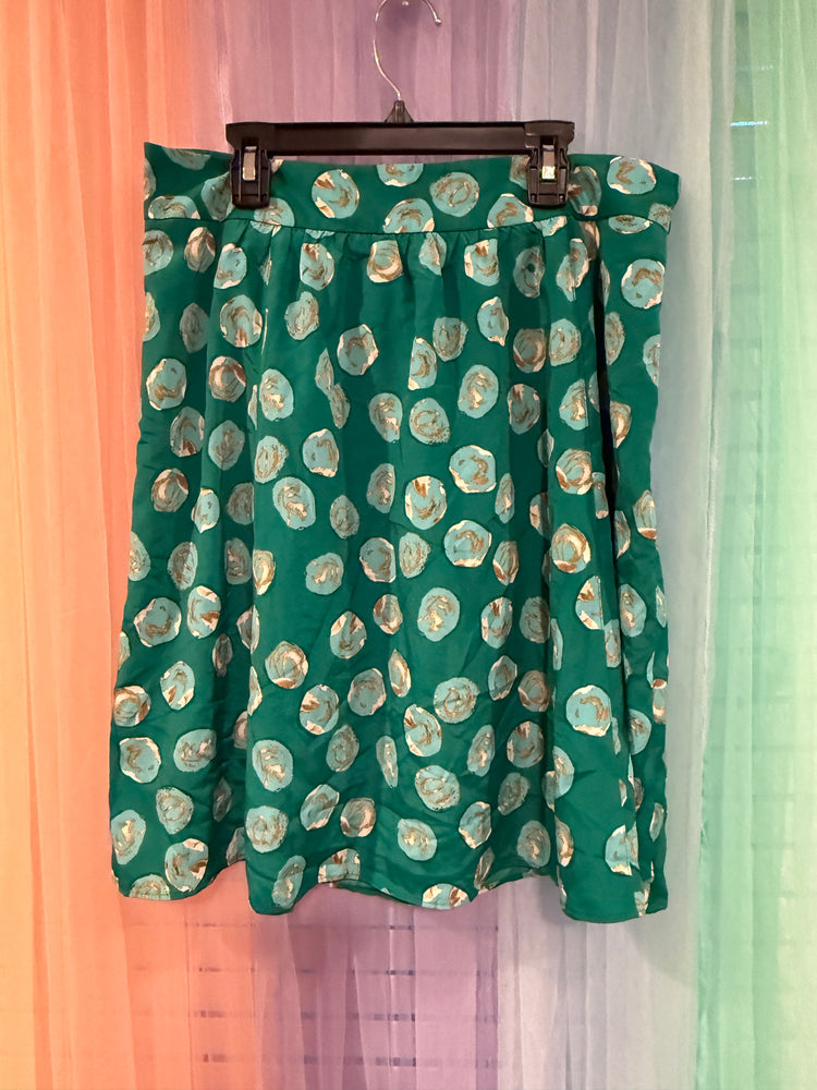 The Limited teal skirt with aqua and gold-tone abstract circular print and pleats