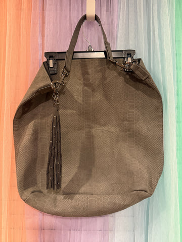 Grey snake-effect slouchy shoulder bag with silver-tone hardware and studded tassel