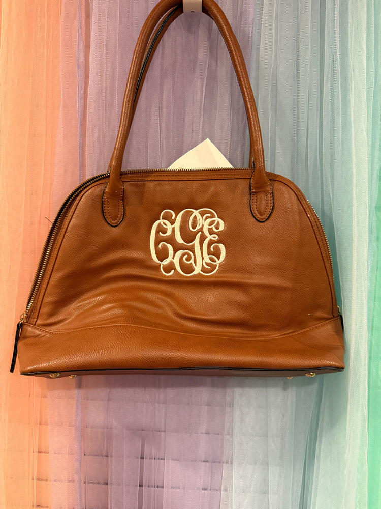 Pre-loved Viv & Lou cognac brown shoulder bag with cream CEG monogram and double handles