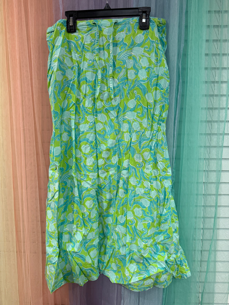 Key West Hand Print Fashions lime and aqua printed long skirt with drawstring and ruffled hem