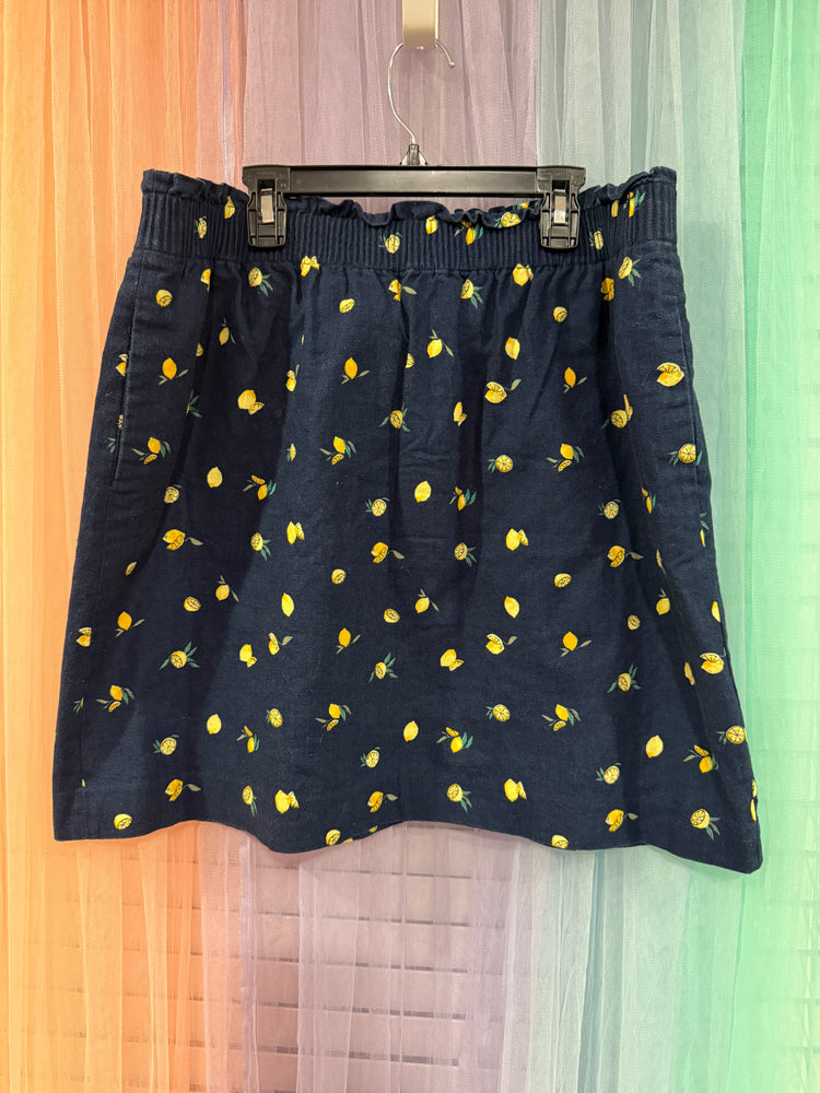 J.Crew navy skirt with yellow lemon print and gathered waistband