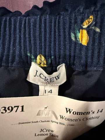J.Crew brand label showing size 14 inside lemon print skirt