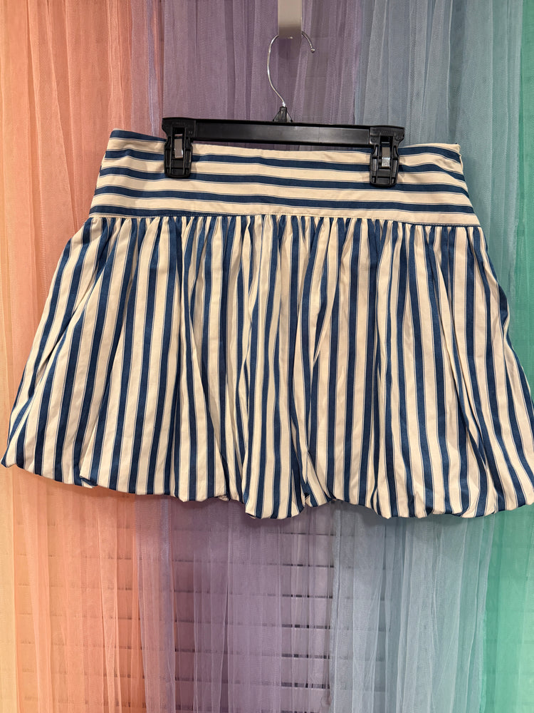 fab’rik navy and cream striped skirt with wide waistband and bubble hem