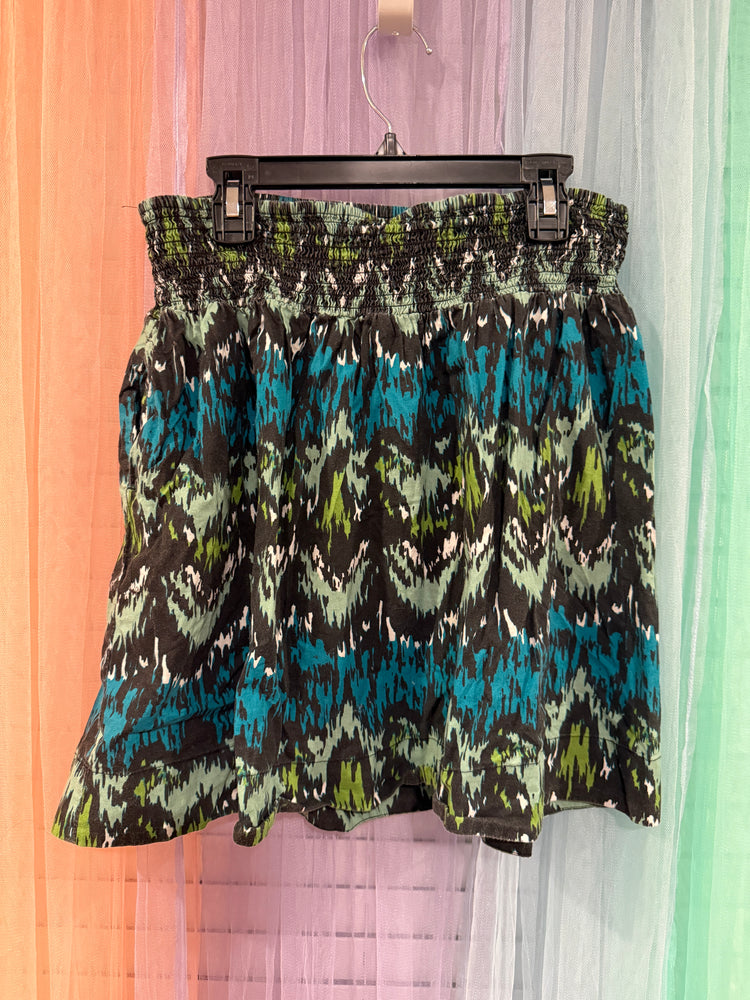 Red Camel black skirt with teal and green abstract print and smocked waistband