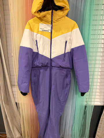 Colorblock hooded snowsuit showing full-length design