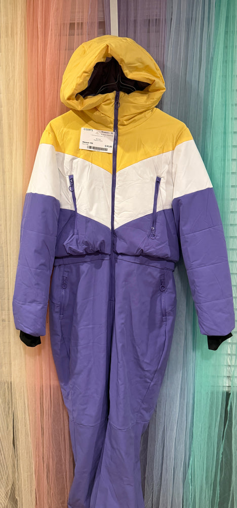 Purple, yellow and white colorblock hooded snowsuit, front view