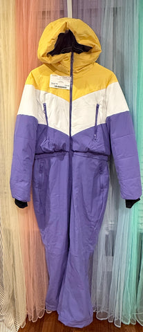 Colorblock snowsuit showing hood, front zipper and pockets