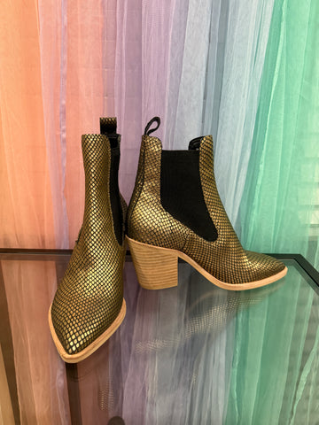 Dolce Vita metallic gold and black snake-effect ankle boots with pointed toes and block heels