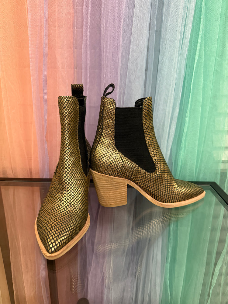 Dolce Vita metallic gold and black snake-effect ankle boots with pointed toes and block heels