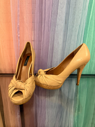 Zara beige peep-toe platform heels with gathered bow detailing