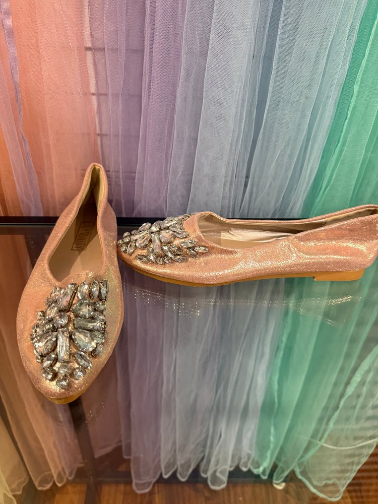 Blush metallic ballet flats with clear jeweled toe embellishments