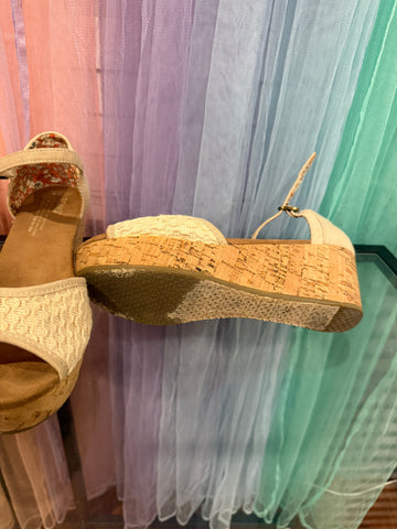 Side and outsole view of TOMS cork-look wedge sandals showing pre-loved wear