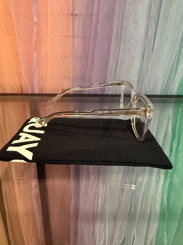 Side view of transparent eyeglass frame and matching clear arms