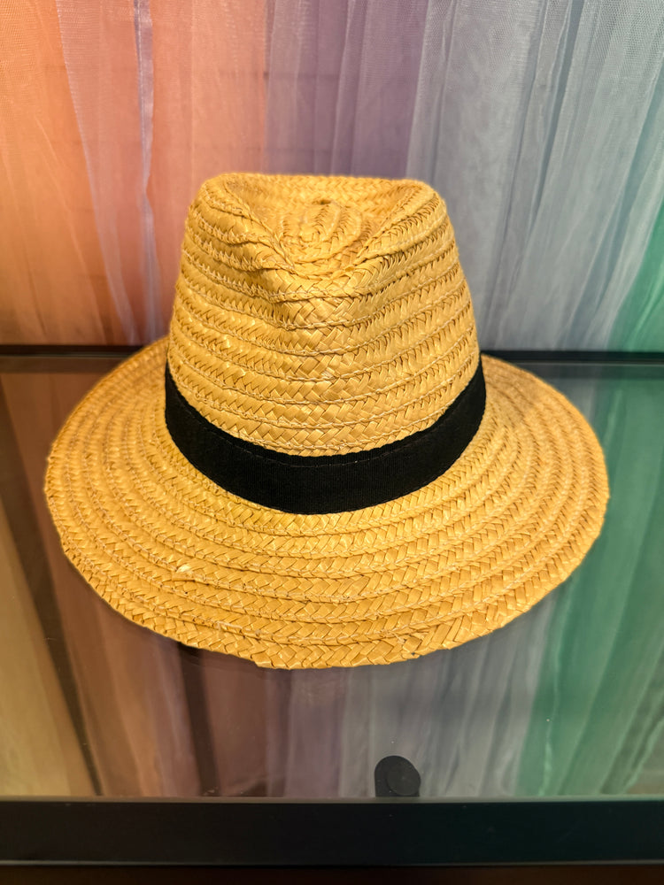 Natural-tone woven fedora with shaped crown and black ribbon band