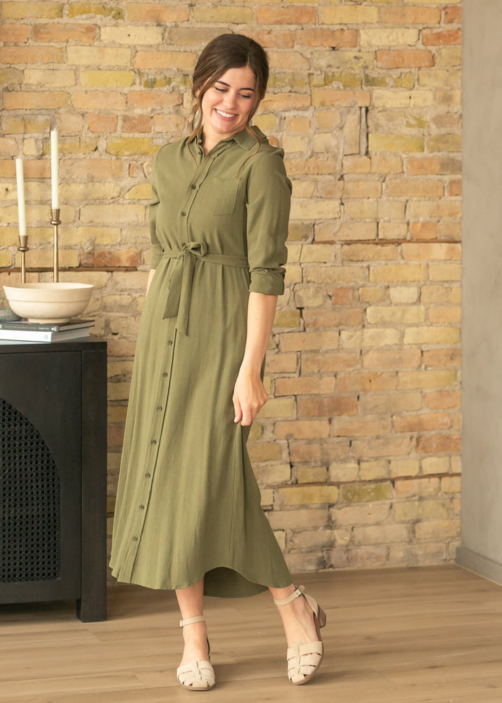 Essential Olive Long Sleeve Linen Shirt Dress - FINAL SALE