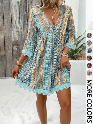 Printed V-Neck A-Line Dress