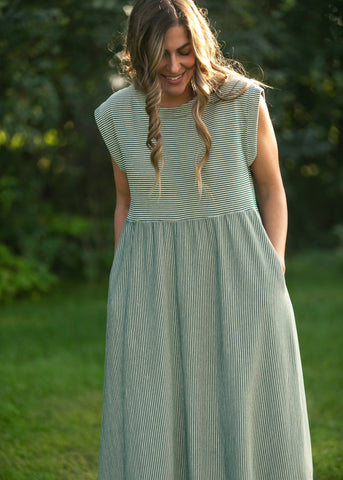 Olivia Green A-line Striped  Midi Dress