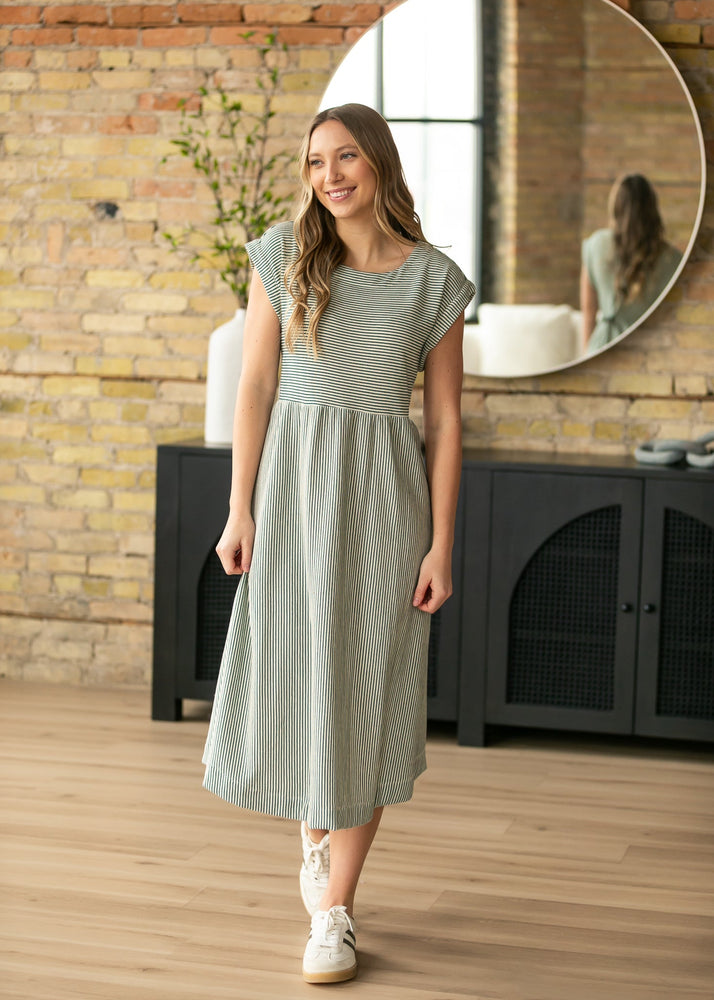 Olivia Green A-line Striped  Midi Dress